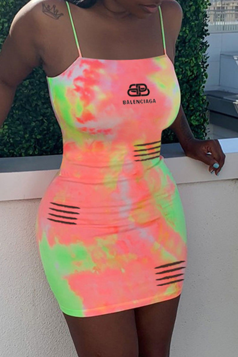 

Pink Fashion Sexy Print Ripped Spaghetti Strap One Step Skirt Dresses