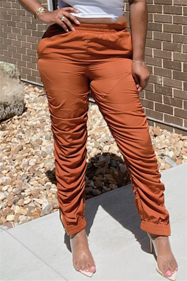 Oranje mode casual effen vouw normale hoge taille broek