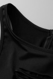 Zwarte sexy effen uitgeholde patchwork O-hals reguliere jumpsuits