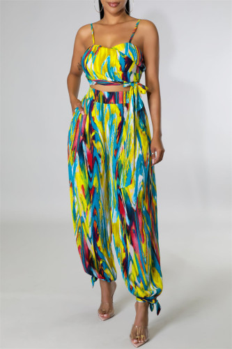 Green Sexy Casual Print Tie Dye Bandage Backless Spaghetti Strap Sleeveless Two Pieces