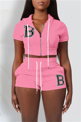 Pink Fashion Casual Letter Solid Embroidered Hooded Collar Short Sleeve Two Pieces