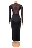 Black Fashion Sexy Patchwork Solid See-through O Neck Long Sleeve Dresses