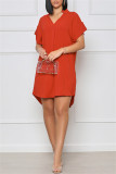 Rode mode casual effen patchwork V-hals jurk met korte mouwen