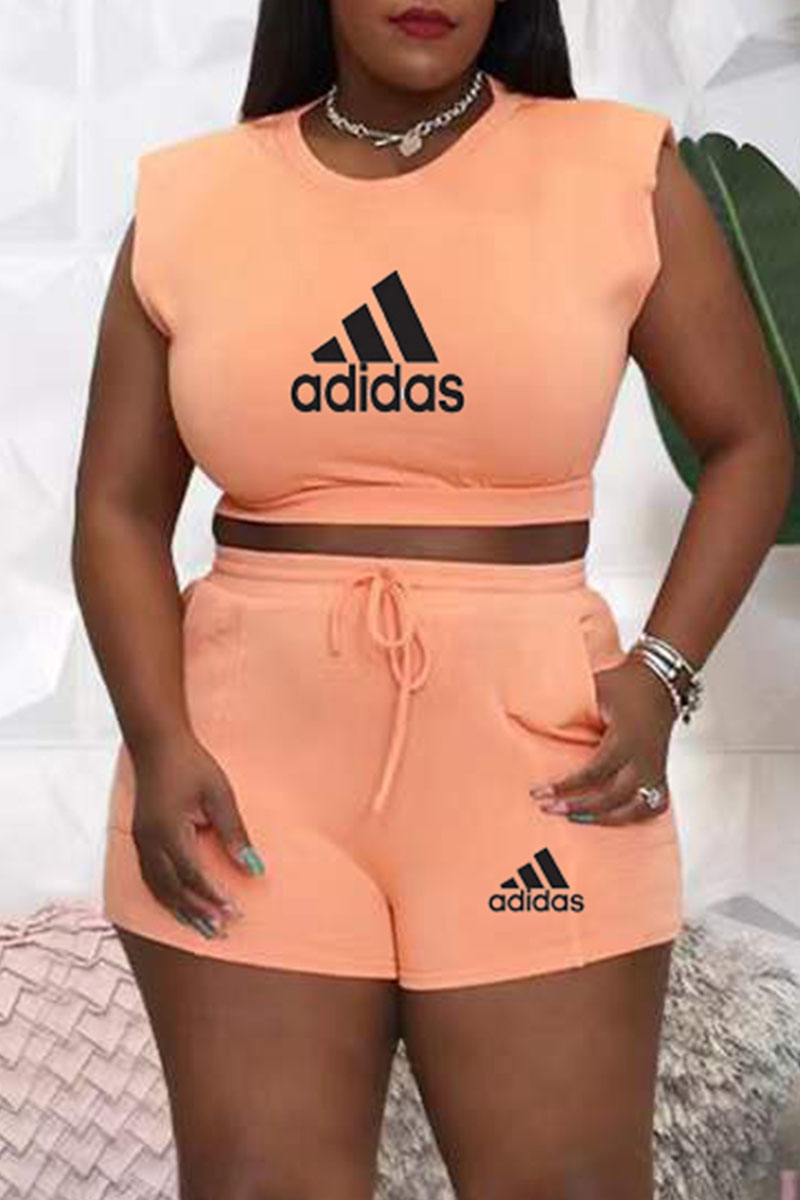 

Orange Fashion Casual Print Letter O Neck Plus Size Two Pieces