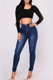 Jeans jeans skinny casual moda casual sólida básica cintura alta azul médio