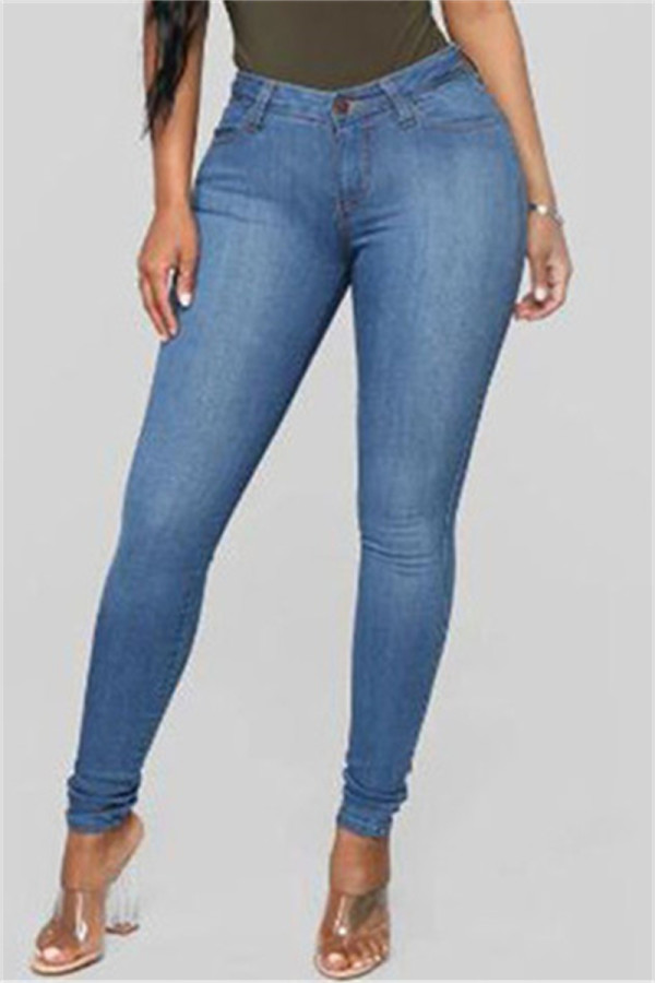Jeans de mezclilla ajustados de cintura alta básicos sólidos informales de moda azul medio