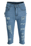 Pantalones cortos de mezclilla flacos de cintura alta rasgados sólidos casuales de moda azul