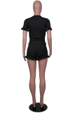 Black Fashion Solid Flounce O Neck Short Sleeve Two Pieces