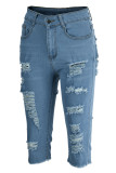 Blue Fashion Casual Solid High Waist Raw Hem Distressed Skinny Ripped Denim Shorts