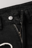 Zwarte mode casual effen bandage met kwastjes uitgeholde hoge taille regular denim jeans