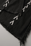 Vaqueros de mezclilla regular de cintura alta ahuecados con vendaje de borla sólida casual de moda negro