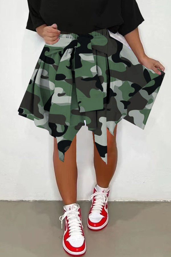 Groene Casual Street Print Camouflage Print Asymmetrische Hoge Taille Type A Full Print Bottoms
