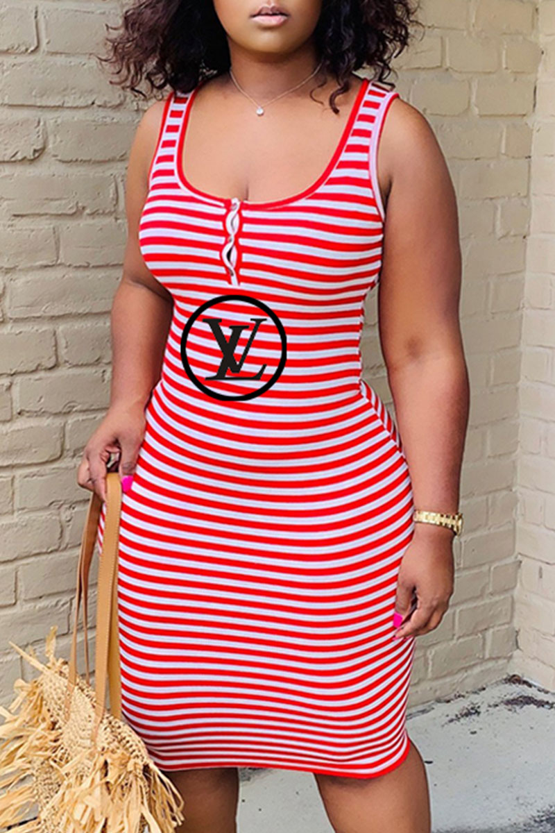 

Red Fashion Casual Striped Letter U Neck One Step Skirt Dresses