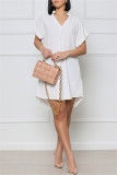 Witte mode casual effen patchwork V-hals jurk met korte mouwen