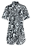 Black And White Casual Print Split Joint Buckle Turndown Collar Short Sleeve Two Pieces