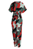Red Casual Print Camouflage Print Hollowed Out Split Joint O Neck Short Sleeve Two Pieces