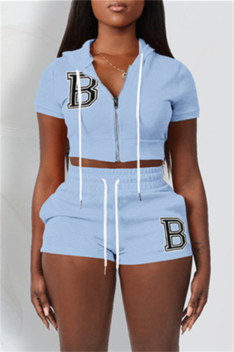 Blue Fashion Casual Letter Solid Embroidered Hooded Collar Short Sleeve Two Pieces