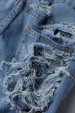 Синие модные повседневные однотонные рваные узкие джинсовые шорты с высокой талией