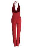 Red Casual Solid Split Joint Backless Slit Halter Straight Jumpsuits