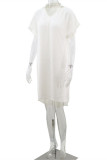 Witte mode casual effen patchwork V-hals jurk met korte mouwen