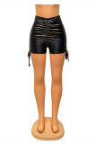 Black Fashion Casual Solid Fold Skinny High Waist Short