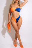 Оранжевый модный сексуальный однотонный купальник в стиле пэчворк с открытой спиной (без набивки)