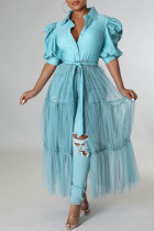 ブルー ファッション カジュアル ソリッド パッチワーク メッシュ ターンダウン カラー シャツ ドレス