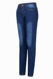 Medium Blue Fashion Casual Solid Basic High Waist Skinny Denim Jeans