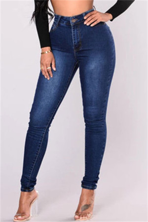 Deep Blue Fashion Casual Solid Basic High Waist Skinny Denim Jeans