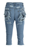 Short en jean skinny taille haute déchiré à la mode bleu
