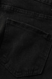 Zwarte mode casual effen bandage met kwastjes uitgeholde hoge taille regular denim jeans