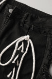 ブラックファッションカジュアルソリッドタッセル包帯くり抜かれたハイウエストレギュラーデニムジーンズ