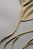 Khaki Fashion Sexy Solid Bandage Slit V Neck Long Sleeve Two Pieces