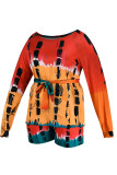 Red Casual Print Patchwork Off the Shoulder Plus Size Two Pieces