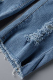 Short jeans skinny azul fashion casual sólido rasgado cintura alta