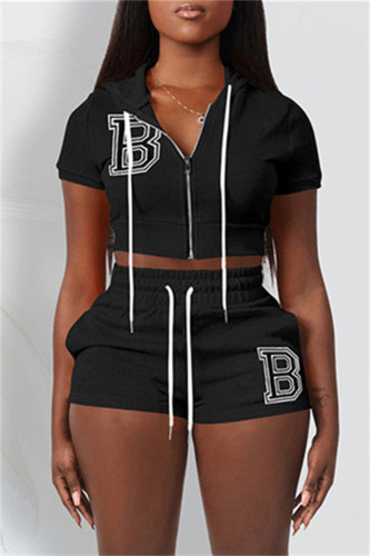 Black Fashion Casual Letter Solid Embroidered Hooded Collar Short Sleeve Two Pieces