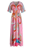 Розовые повседневные элегантные лоскутные платья с V-образным вырезом и прямыми платьями