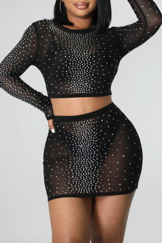 Black Fashion Sexy Patchwork Hot Drilling See-through O Neck Long Sleeve Two Pieces
