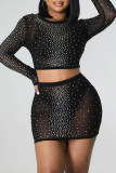 Mode noire Sexy Patchwork Hot Drilling See-through O Neck Long Sleeve Two Pieces