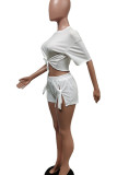 White Casual Solid Bandage Patchwork O Neck Short Sleeve Two Pieces