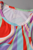Синий сексуальный принт в стиле пэчворк с круглым вырезом и юбкой в ​​один шаг Платья