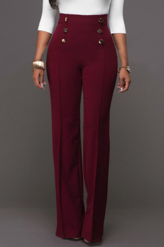 Burgundy Fashion Casual Solid Split Joint Regular High Waist Trousers