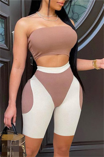 Coffee Fashion Sexy Print Backless Strapless Sleeveless Two Pieces