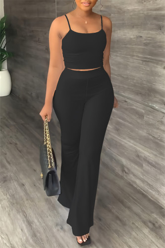 Black Sexy Casual Solid Backless Spaghetti Strap Sleeveless Two Pieces