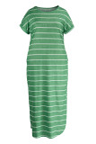 Vestido de manga corta con cuello en O básico con estampado de rayas de talla grande informal de moda verde