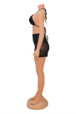 Black Fashion Sexy Hot Drilling Bandage See-through Backless Halter Sleeveless Two Pieces