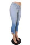 Calça jeans skinny com estampa de mudança gradual azul moda casual estampa patchwork cintura baixa