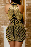 Gold Fashion Sexy Patchwork Hot Drill halbes ärmelloses Kleid mit Rollkragen