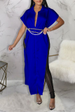 Синее повседневное платье в стиле пэчворк с отложным воротником и асимметричным платьем Платья