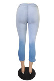 Синие модные повседневные джинсы скинни с принтом в стиле пэчворк и заниженной талией